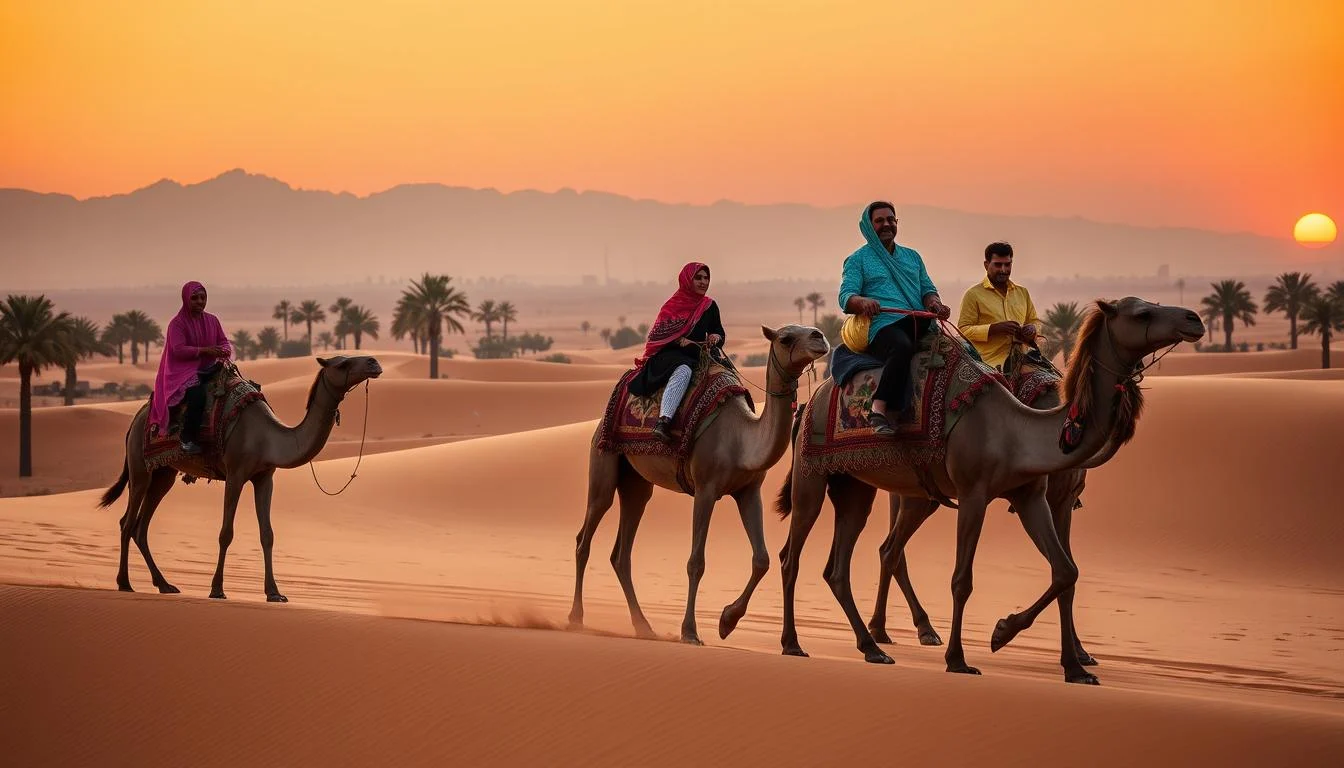 Tourists riding camels across the golden Dubai desert dunes at sunset, experiencing a traditional Bedouin journey