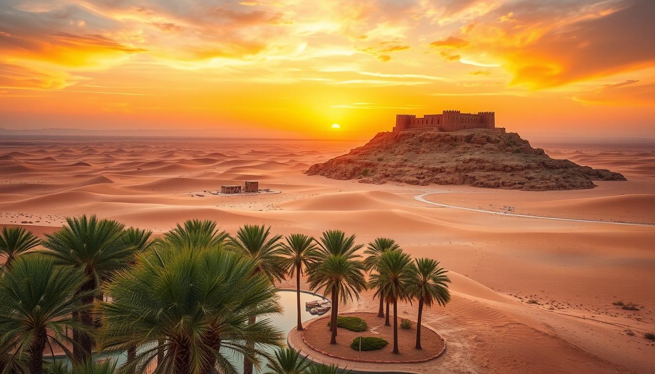 Tourists exploring the vast, golden desert landscape of Dubai during a day trip, with distant mountains under a clear sky