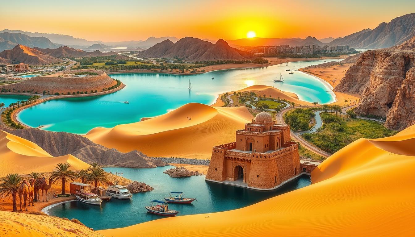 Tourists exploring the diverse landscapes and cultural sites during day trips from Dubai, including mountains and traditional villages.