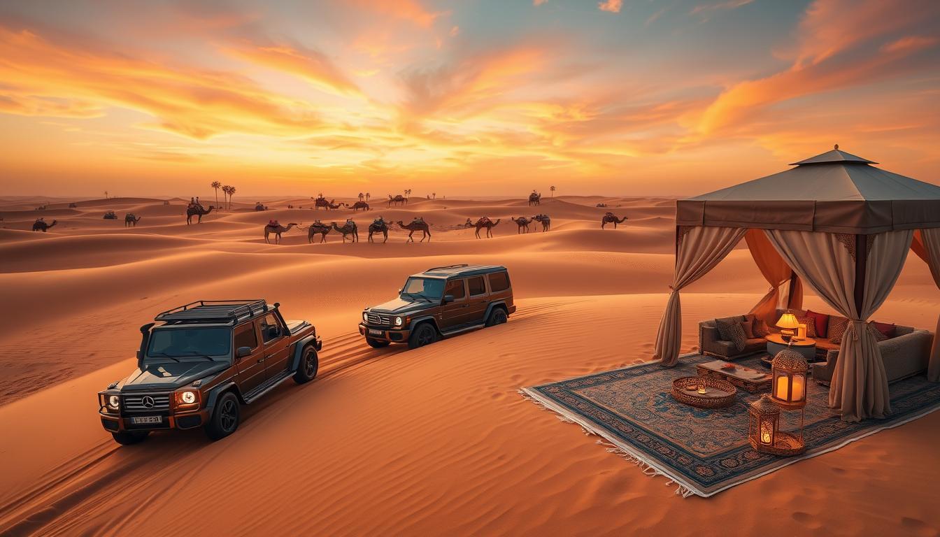 Tourists enjoying a luxurious desert safari experience in Dubai with a stunning sunset over the golden dunes