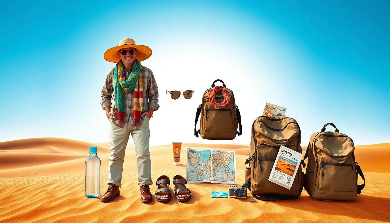 Tourists wearing light clothing and hats enjoying a desert safari in Dubai with golden sand dunes in the background