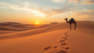 Tourists riding camels across the vast, golden dunes of the Dubai desert at sunset, experiencing a traditional Arabian adventure