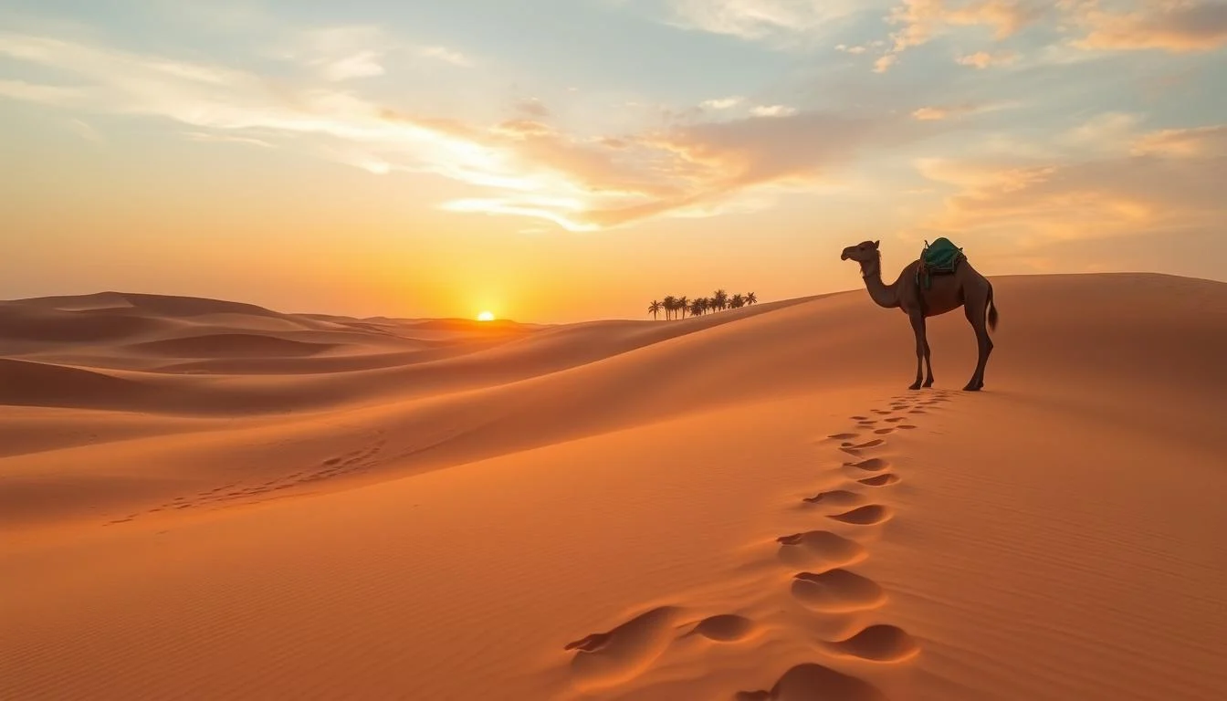 Tourists riding camels across the vast, golden dunes of the Dubai desert at sunset, experiencing a traditional Arabian adventure