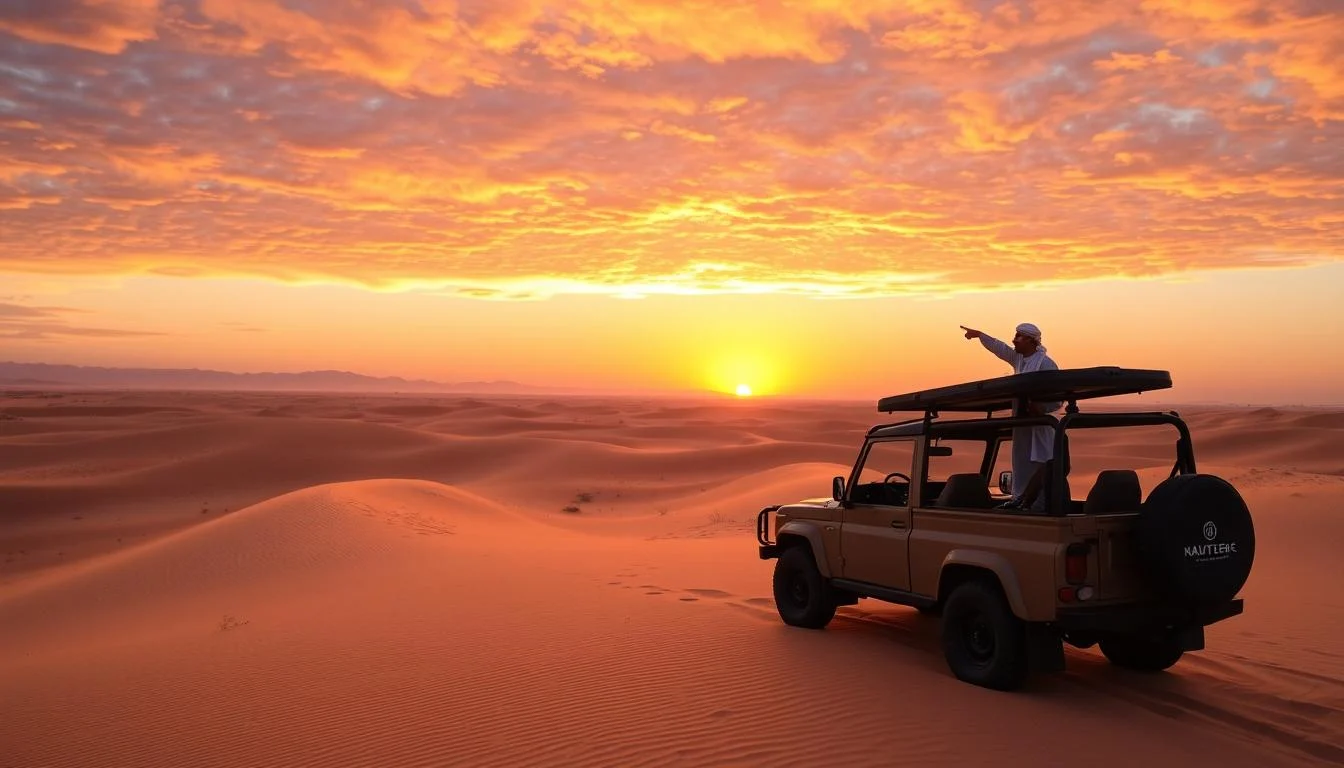 Tourists enjoying a thrilling 4x4 dune bashing adventure in the golden sands of the Dubai desert at sunset