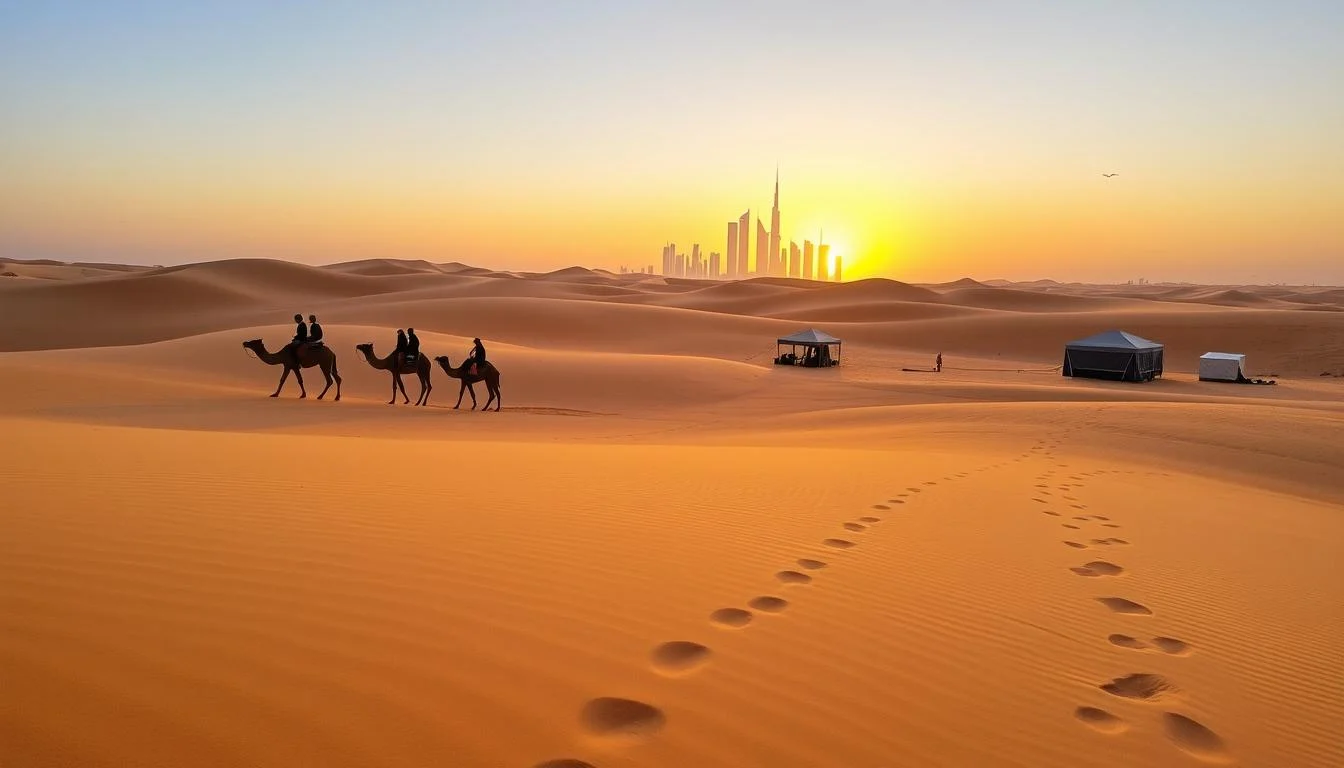 Tourists enjoying a thrilling dune bashing experience in a 4x4 vehicle across the golden sands of the Dubai desert near Jumeirah Beach Residence