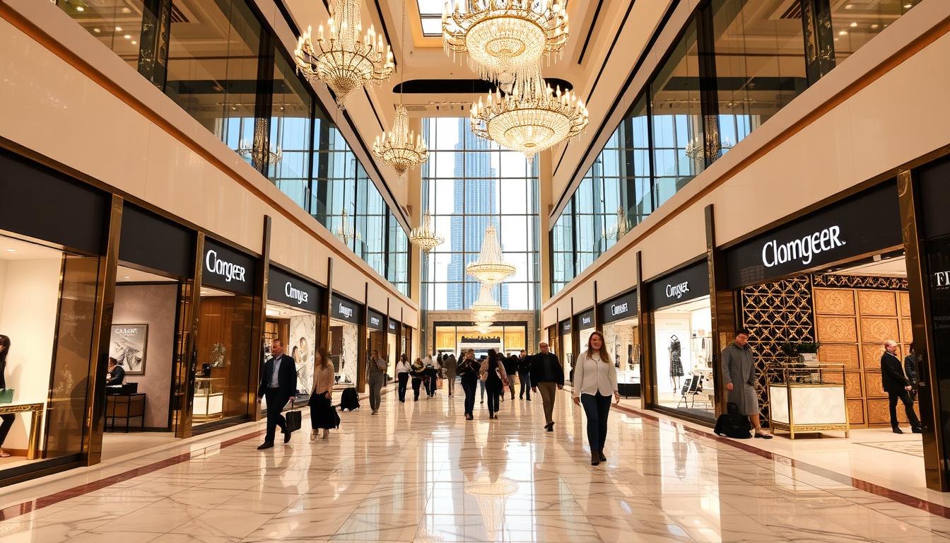 The grand entrance of Dubai Mall's Fashion Avenue, showcasing luxury storefronts and elegant architecture, inviting shoppers to explore high-end desig
