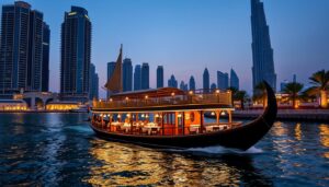 Illuminated wooden dhow with set dinner tables cruising past skyscrapers at dusk, a dhow dinner cruise in Dubai