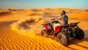 Tourists riding quad bikes across golden sand dunes in Tunisia's Sahara Desert near Douz at sunset