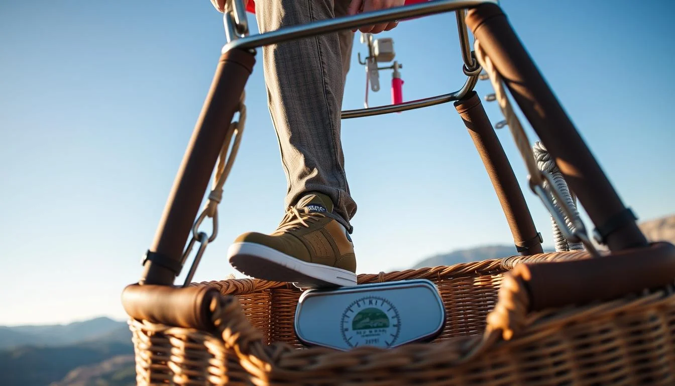 Hot air balloon basket with passengers being weighed before a desert flight in Dubai, ensuring safety and stability