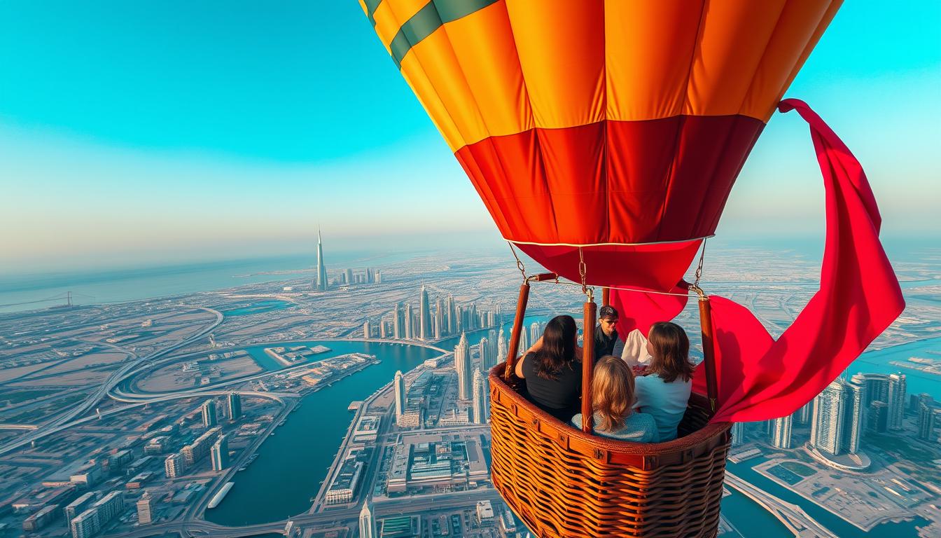 Tourists standing in a hot air balloon basket, enjoying panoramic views of the Dubai desert at sunrise