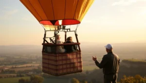 Man in a white cap gesturing toward a hot air balloon basket with passengers over countryside at dusk