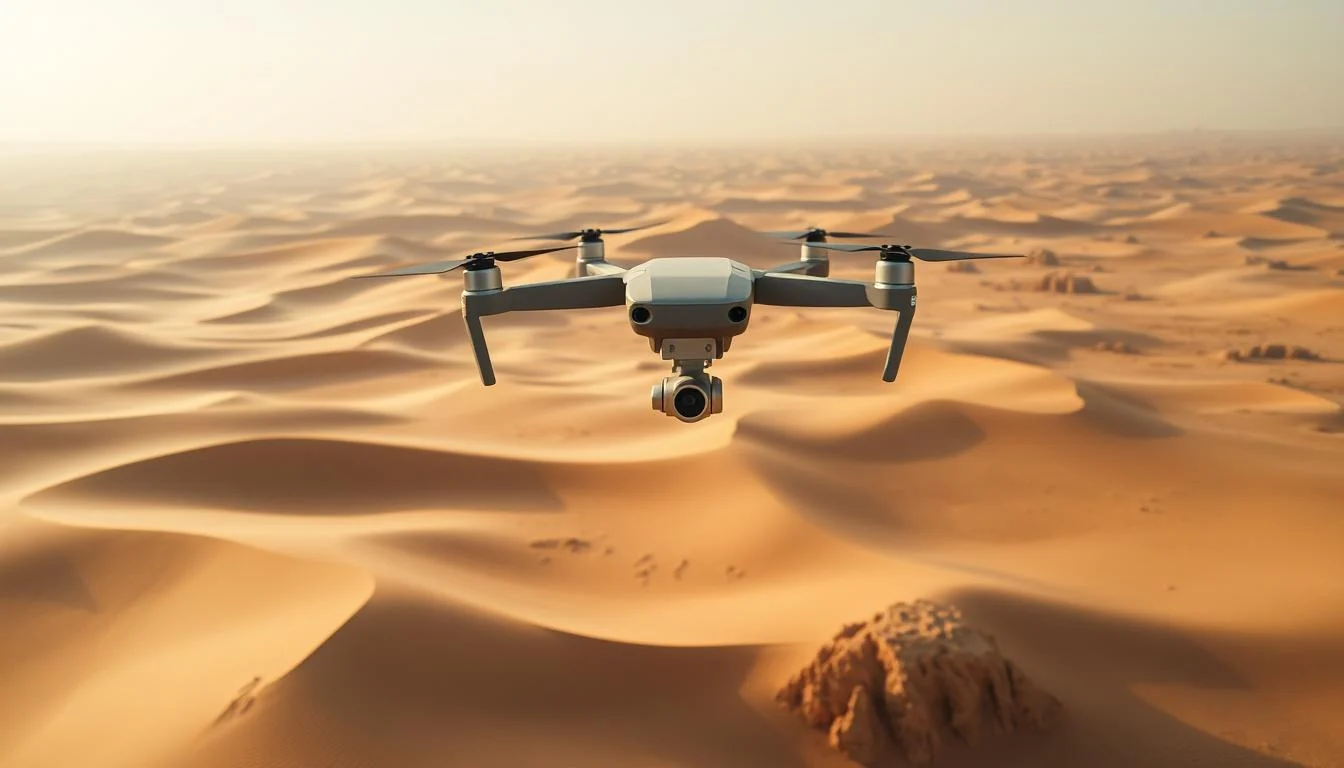 Drone capturing a wide aerial shot of the vast, wind-shaped sand dunes and sparse greenery of the Dubai desert at sunrise, with warm light and long sh