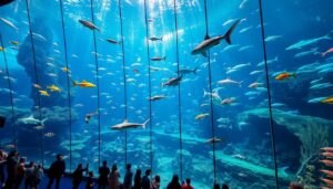 Visitors watching sharks and tropical fish behind a giant viewing panel on a Dubai Aquarium walkthrough