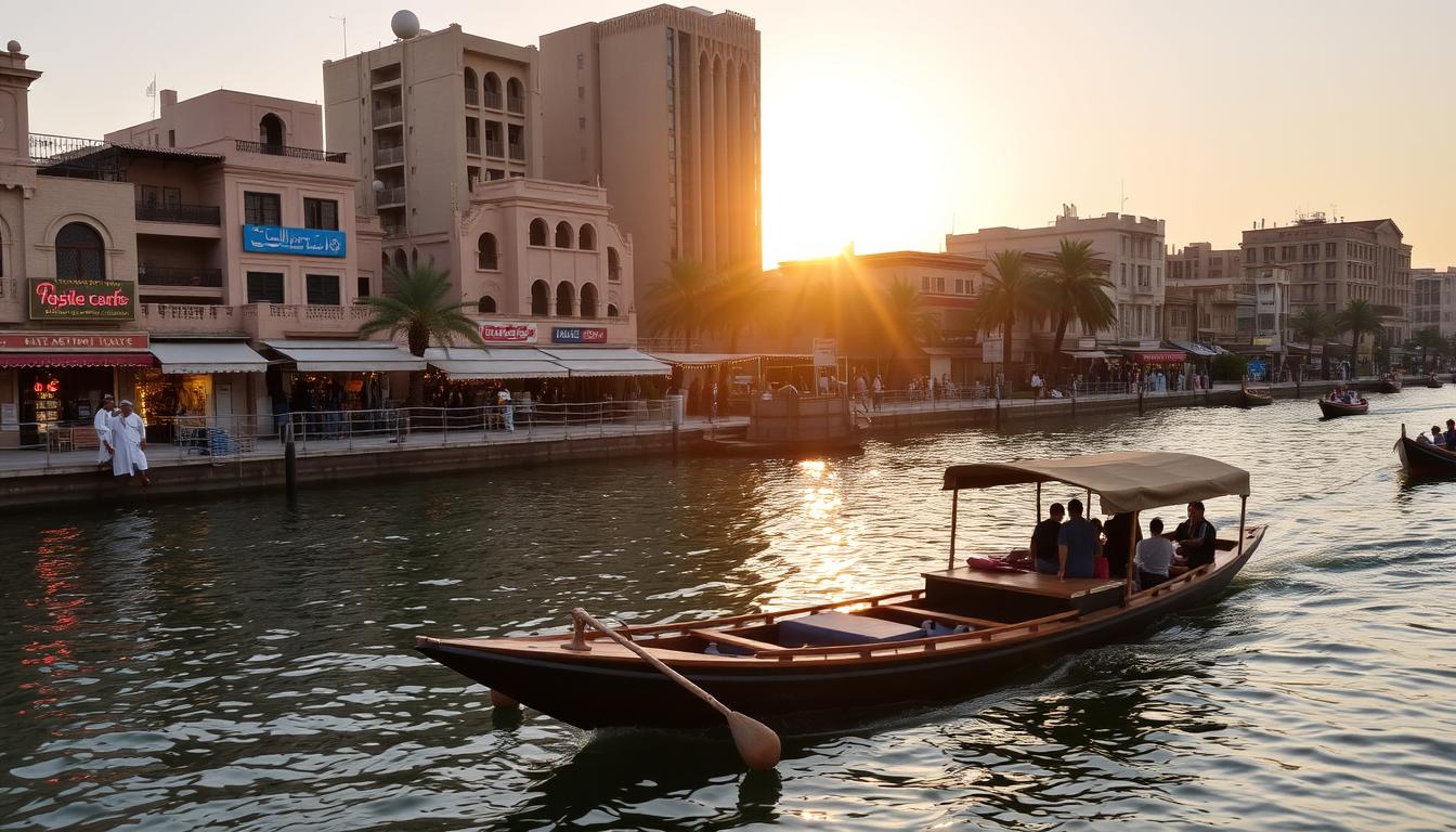 Tourists riding a traditional wooden Abra boat across the historic Dubai Creek with old city buildings in the background at sunset