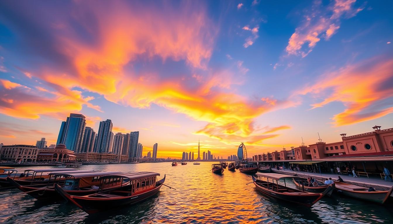 Traditional wooden abra boats navigating the historic Dubai Creek with modern city buildings in the background at sunset