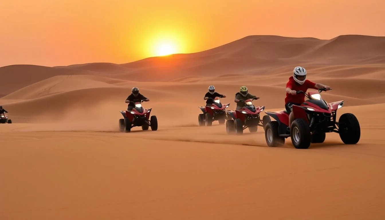 A person riding a powerful quad bike across sun-kissed desert dunes in Dubai, with a vast, open desert landscape stretching into the distance under a