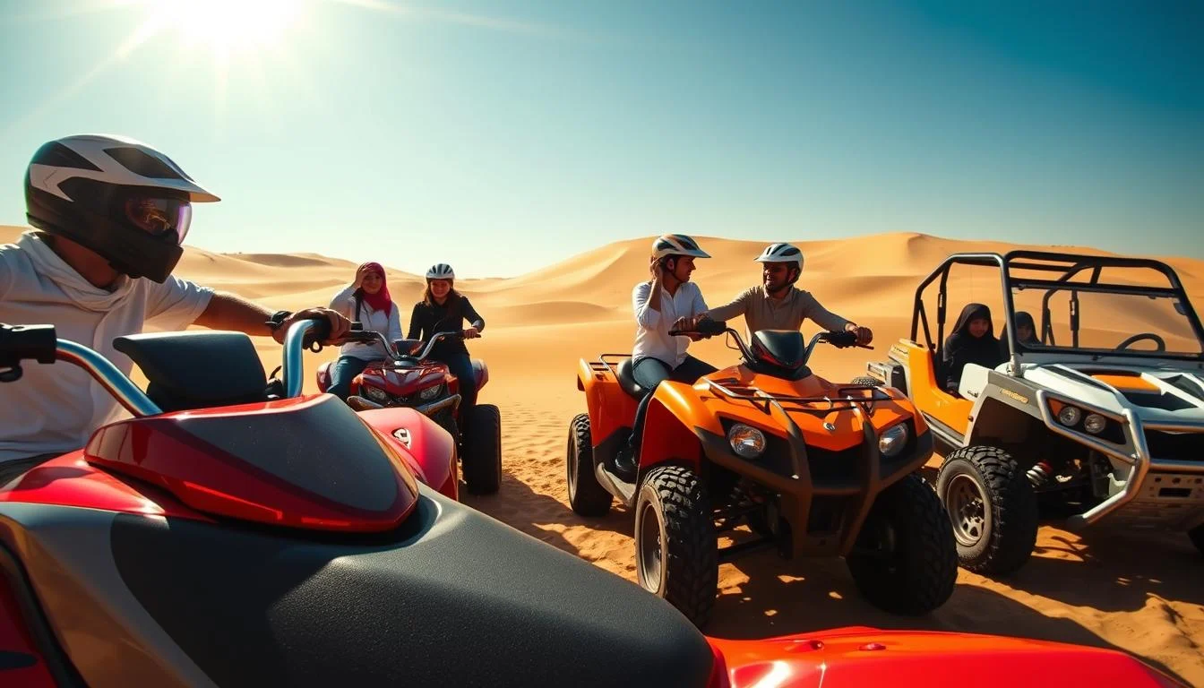Tourists riding quad bikes and dune buggies across the vast, golden-red Dubai desert at sunset, with dunes stretching into the distance.