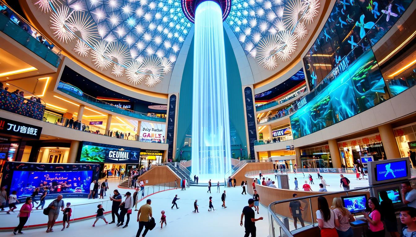 The Dubai Mall's iconic dancing fountains performing in front of the Burj Khalifa at dusk with city lights reflecting on the water