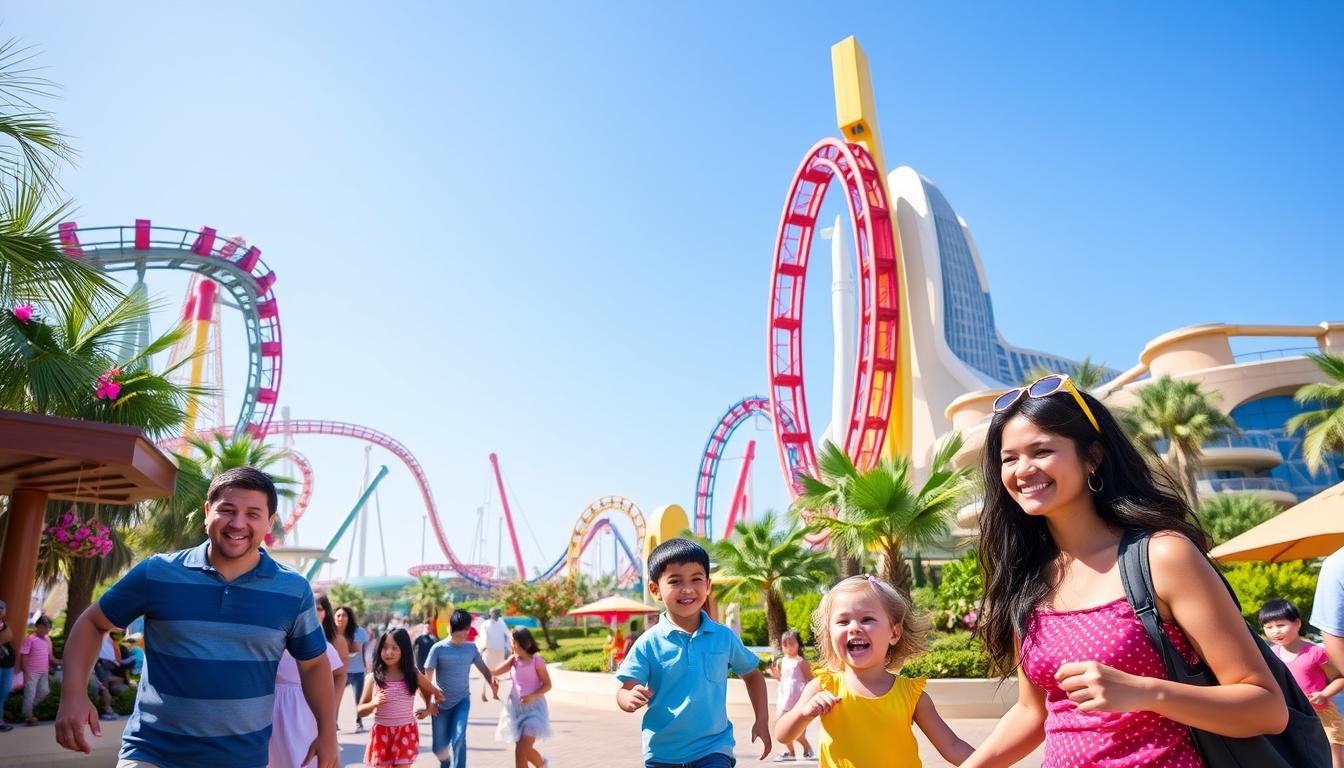 Families with children enjoying rides and attractions at Dubai Parks and Resorts, a world of fun and adventure