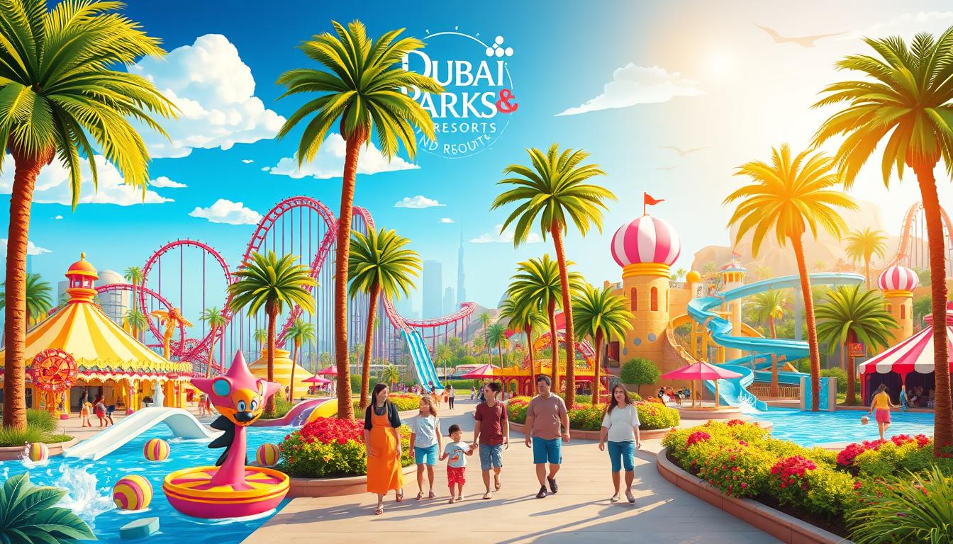 Families enjoying various rides and attractions at Dubai Parks and Resorts, with colorful theme park structures in the background