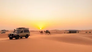 Desert safari 4x4 and camel riders crossing dunes toward a camp at sunset, a responsible way to explore from Dubai