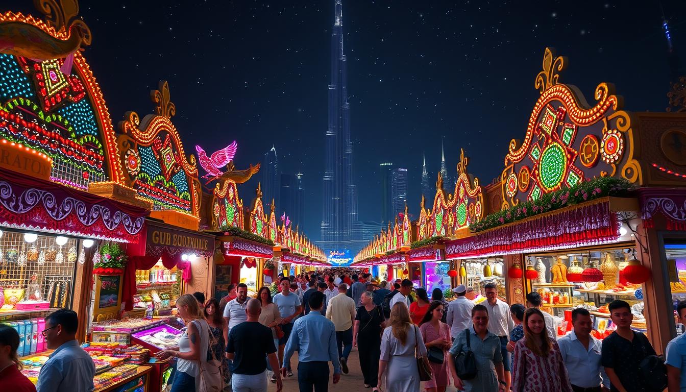 Shoppers enjoying the vibrant atmosphere and twinkling lights of the Dubai Shopping Festival, with various stores offering discounts