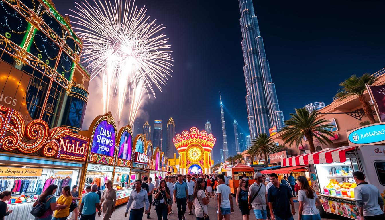 A vibrant street scene in Dubai during the Shopping Festival, with colorful decorations and people enjoying the festivities