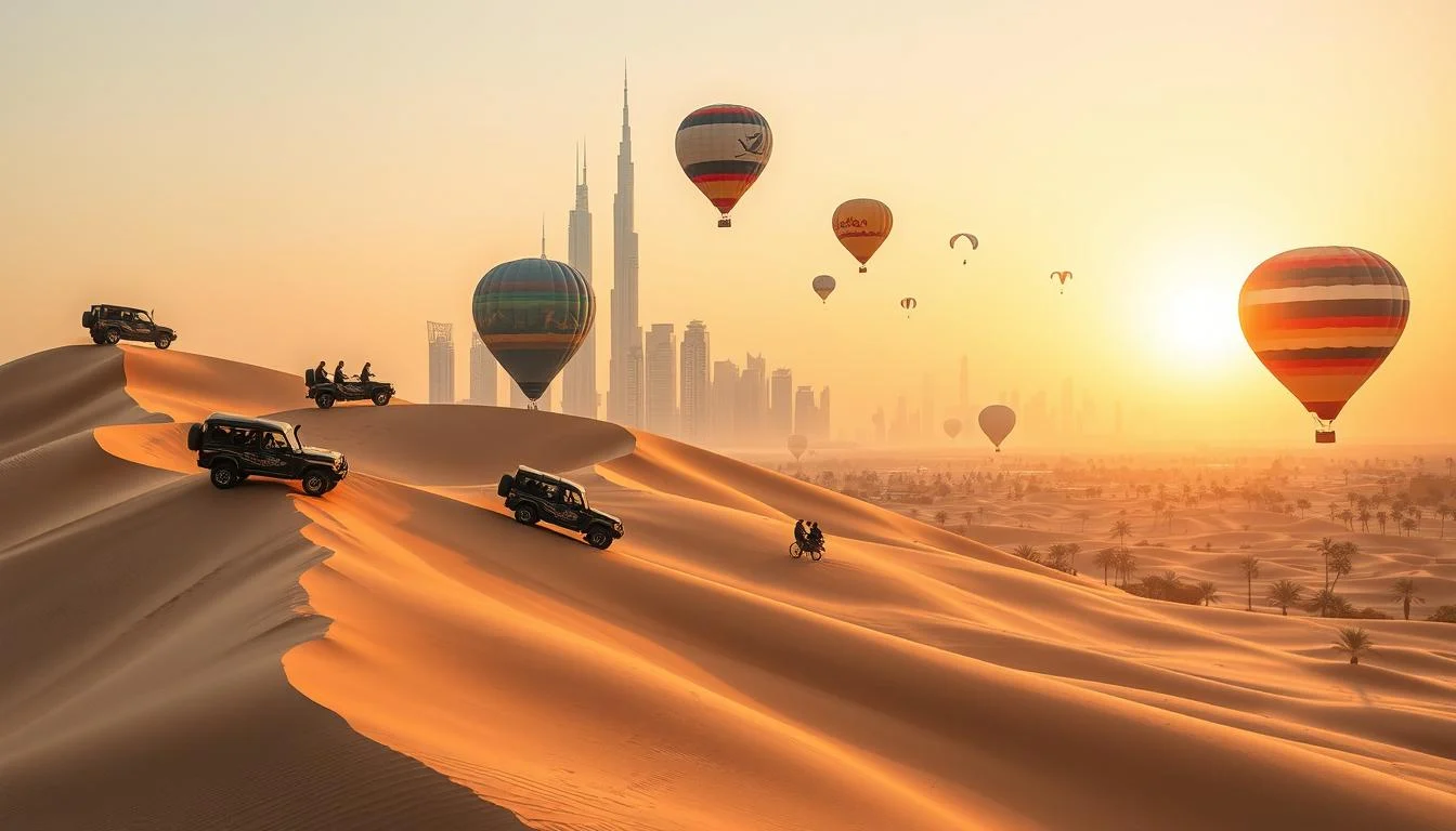 Tourists enjoying a thrilling desert safari in Dubai, with a 4x4 vehicle kicking up sand dunes under a vibrant sunset sky.