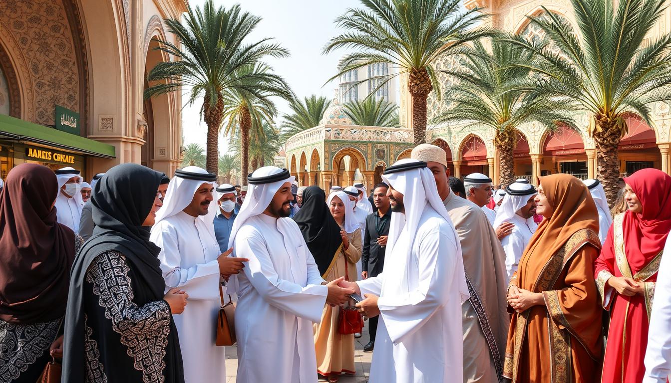 Tourists respectfully observing local customs in Dubai, dressed modestly while exploring traditional markets and modern architecture