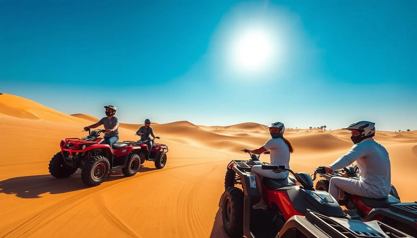 Tourists wearing helmets and safety gear, riding quad bikes through the golden sand dunes of Dubai's desert at sunset