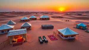 Aerial view of different desert safari camp tents in Dubai dunes at sunset, with rugs and lounge seating
