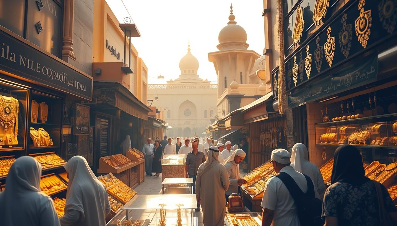 A close-up view of various gold jewelry pieces, including necklaces, bracelets, and rings, sparkling under the lights of Dubai's Gold Souk