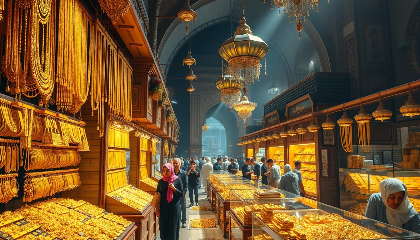 Sparkling gold jewelry displayed in a bustling stall at the Dubai Gold Souk, attracting shoppers
