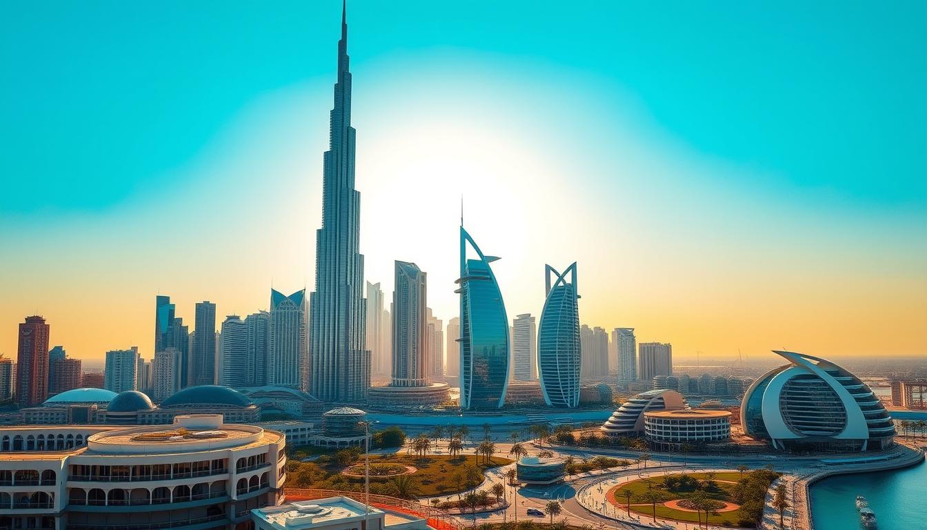 Tourists admiring the panoramic skyline of Dubai from the observation deck of the Burj Khalifa, with other iconic landmarks visible