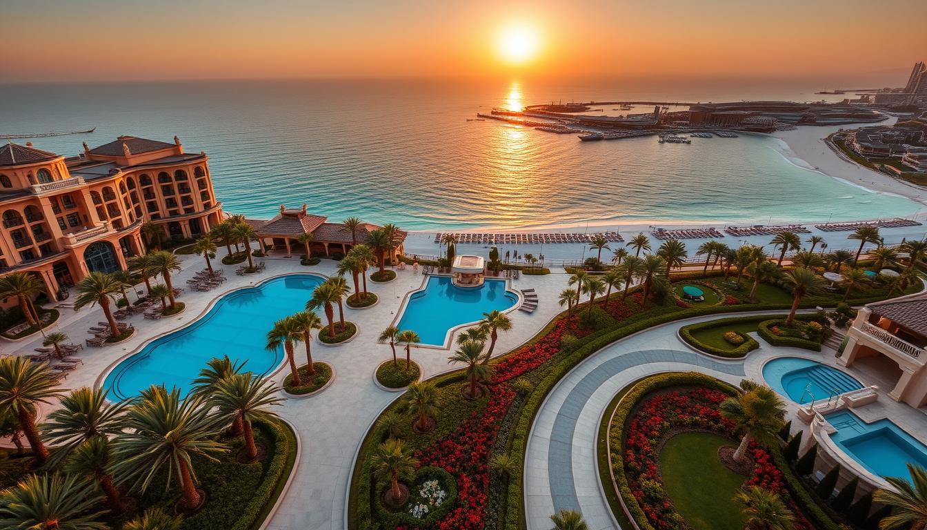 Luxurious infinity pool overlooking the Dubai skyline at sunset, showcasing the opulence of a high-end resort