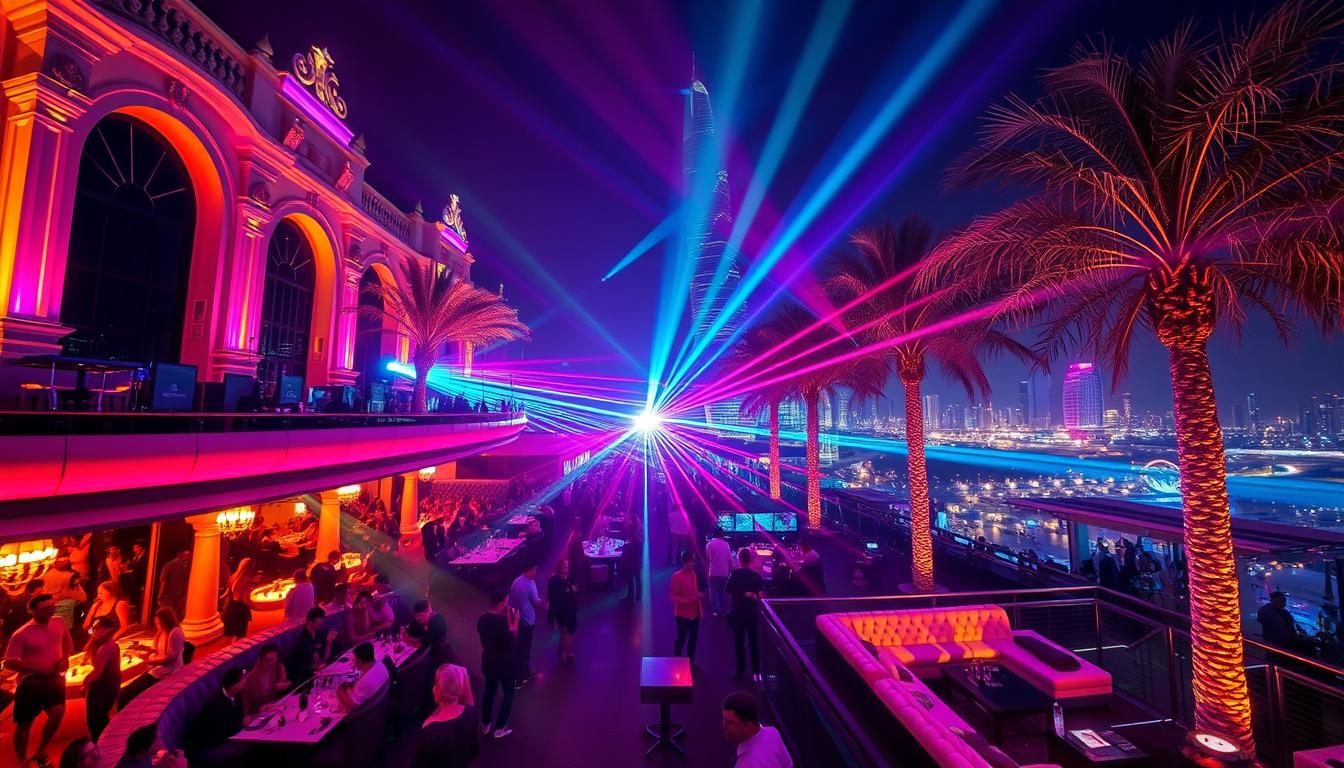 Bright lights and energetic crowd dancing inside a luxurious Dubai nightclub with a DJ performing on stage