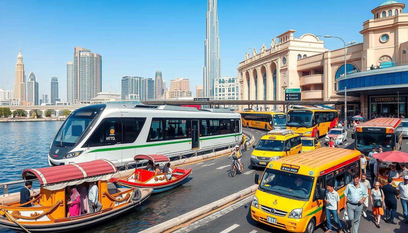 Tourists riding the modern Dubai Metro with the city's futuristic skyline visible through the window, showcasing efficient urban travel