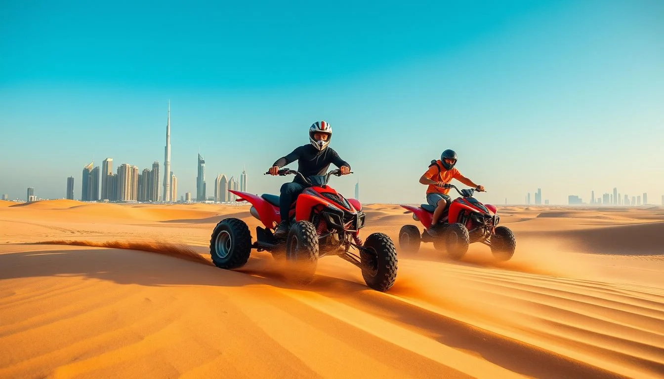 Tourists riding quad bikes across the golden sands of the Arabian Desert in Dubai, with clear blue skies overhead