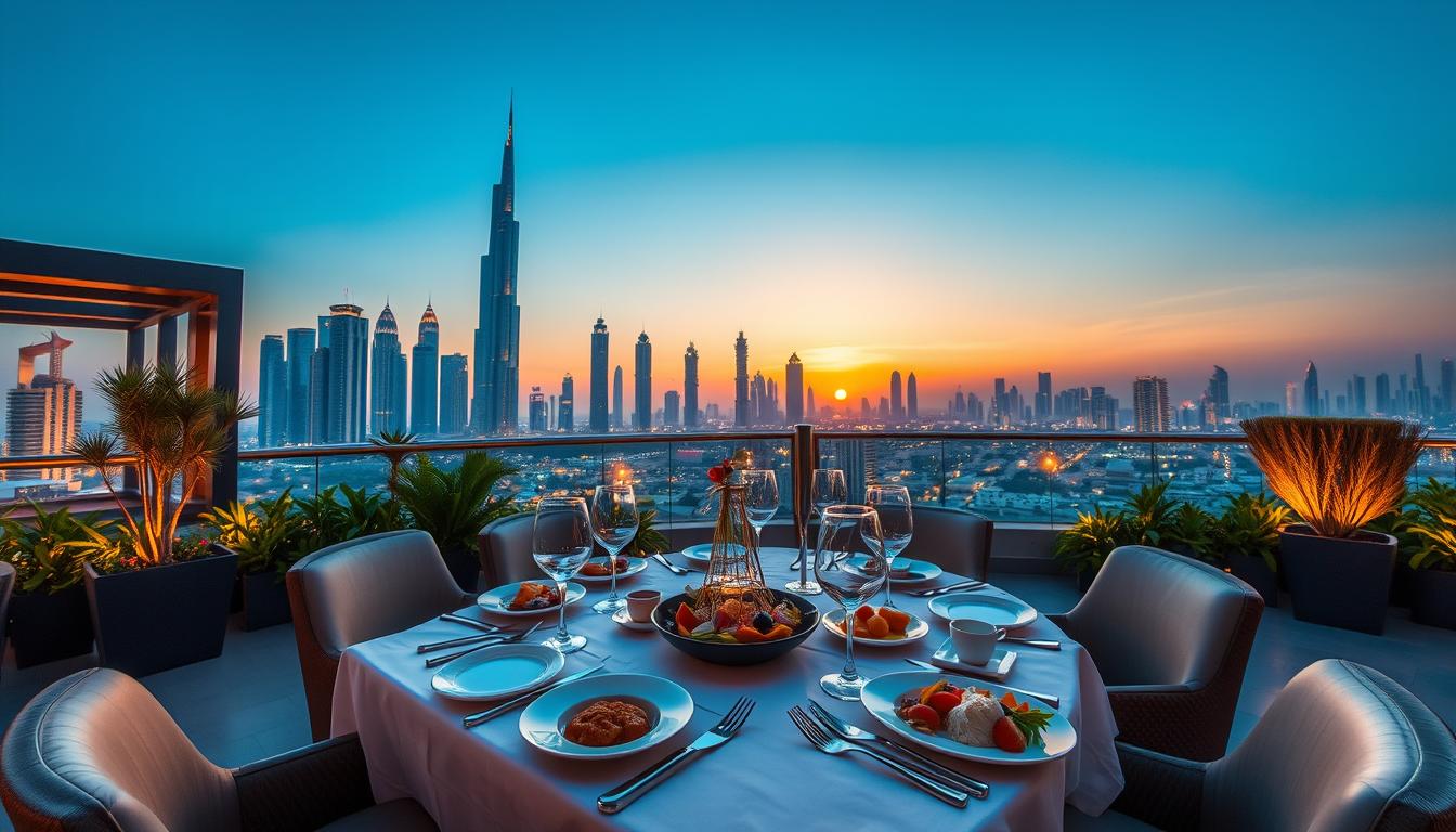 Dubai skyline at night with illuminated skyscrapers and a rooftop restaurant terrace overlooking the city lights