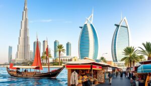 Traditional dhow with red sails beside waterfront market stalls and skyscrapers, Dubai sightseeing tours