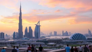 Tourists on a viewing terrace overlooking the Dubai skyline and waterfront at sunset on a sightseeing tour