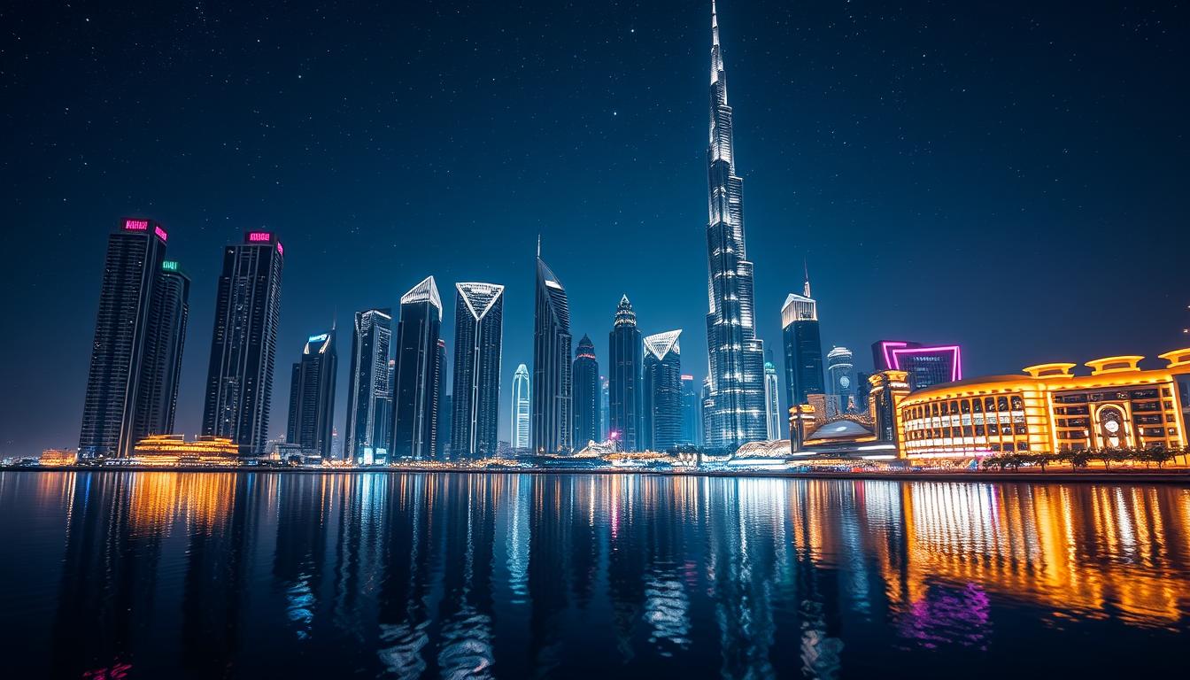 Tourists marveling at the illuminated Dubai skyline with the Burj Khalifa and city lights at night