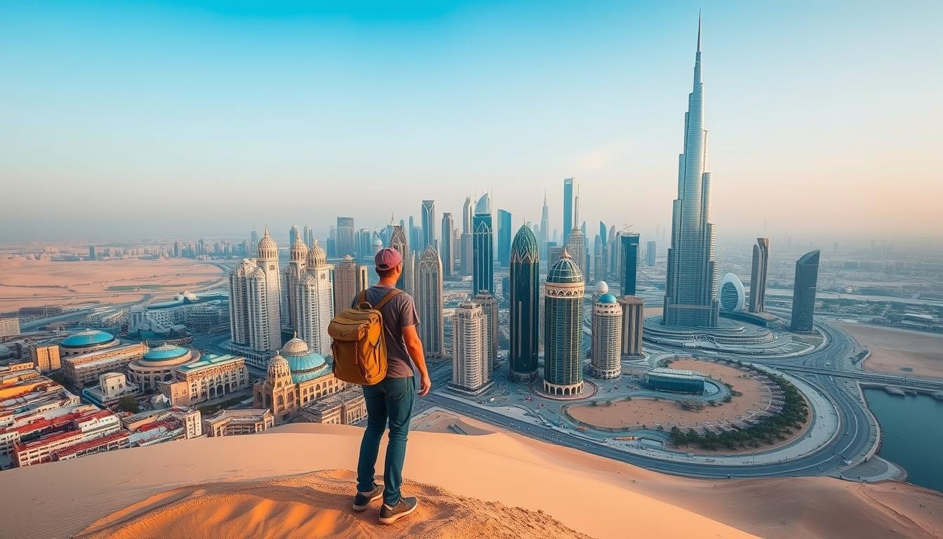 Tourists riding dune buggies across red Dubai dunes at sunset, with city skyline visible in the distance