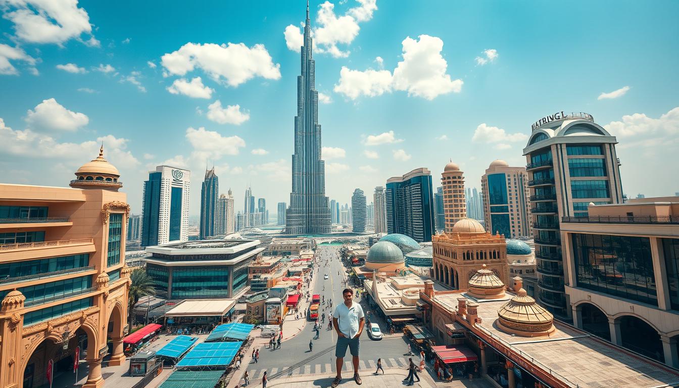 A solo female traveler admiring the modern skyscrapers and traditional architecture of Dubai, highlighting the city's blend of luxury and culture