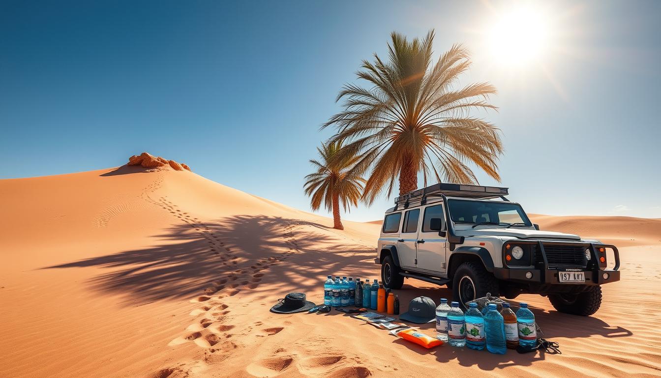 Tourists enjoying a desert safari in Dubai during summer, with golden dunes under a bright sky