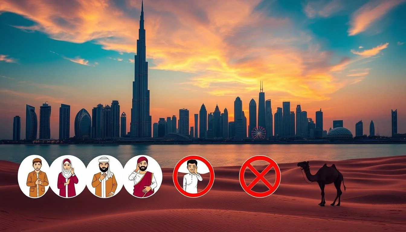 Tourists exploring the modern skyline and traditional markets of Dubai, understanding local customs and etiquette for a respectful visit