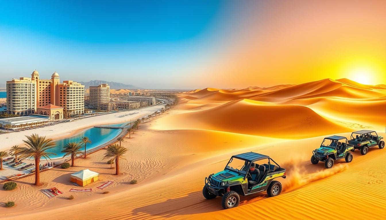 Tourists enjoying a thrilling desert safari in Dubai, with a 4x4 vehicle kicking up sand dunes under a clear blue sky