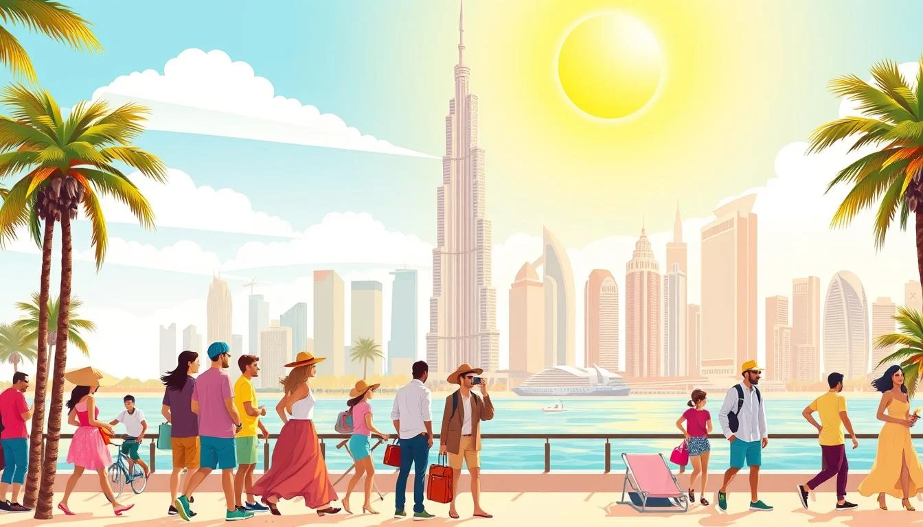 Tourists enjoying various outdoor activities in Dubai, showcasing the city's diverse weather conditions throughout the year