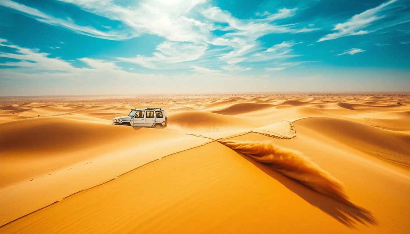 Tourists in a 4x4 vehicle dune bashing across the vast golden sand dunes of the Arabian Desert in Dubai at sunset