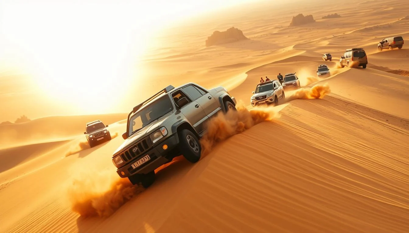 Tourists in 4x4 vehicles dune bashing across the red sands of Sharjah desert at sunset, with golden light illuminating the landscape